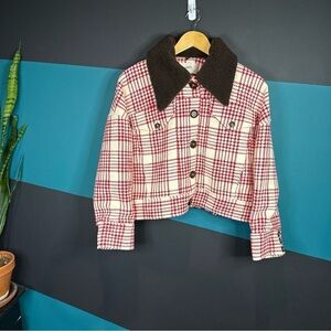 ba&sh Red and Cream Plaid Bomber Jacket